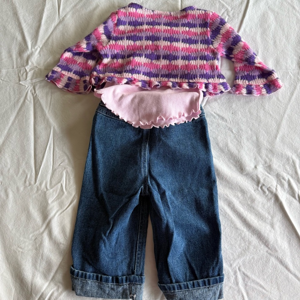 Little Lass Pink & Purple 3 Pc Kids Matching Jeans Set Cami Cardigan Size 24 Mo - Picture 2 of 16